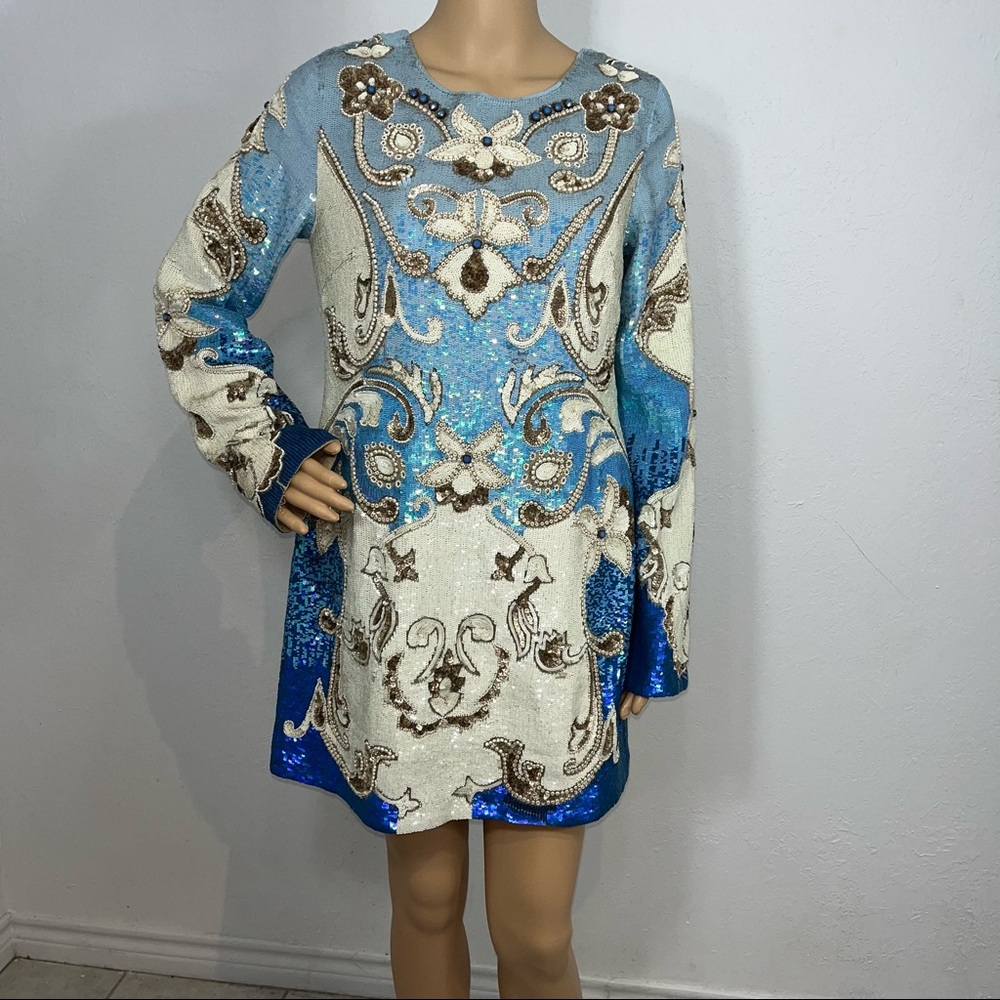 Needle & Thread Blues & White HandSequined Dress